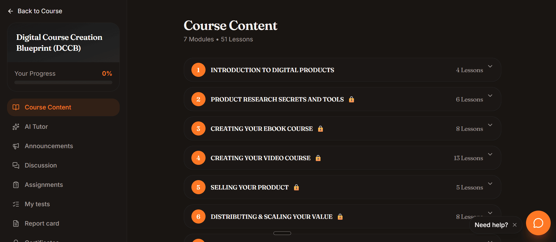 A Skillsnify course showing seven modules and fifty-one lessons, with later modules locked